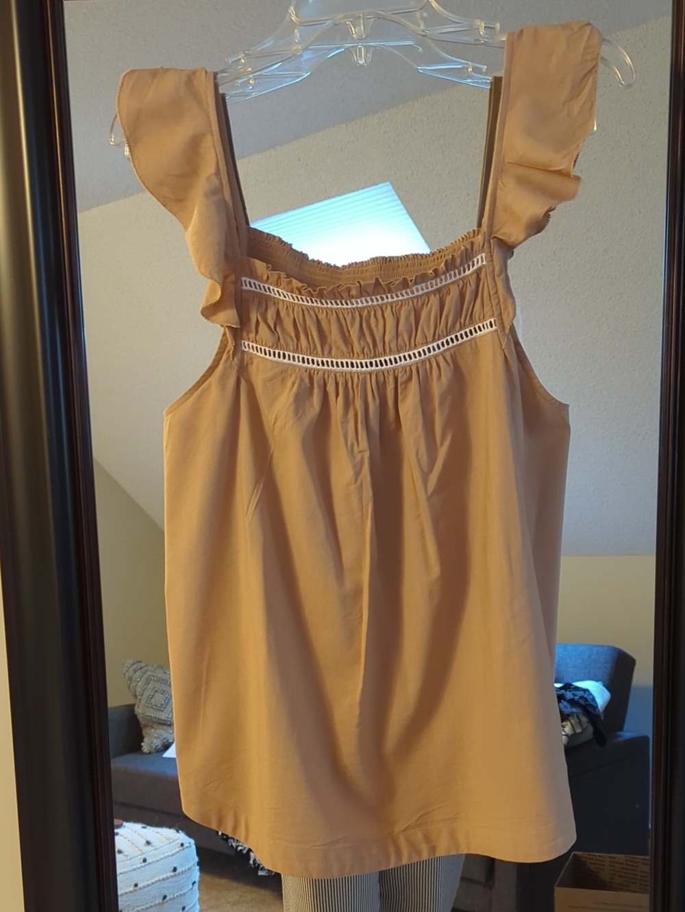 LOFT Ruffle-Trim Sleeveless Top in Camel Beige